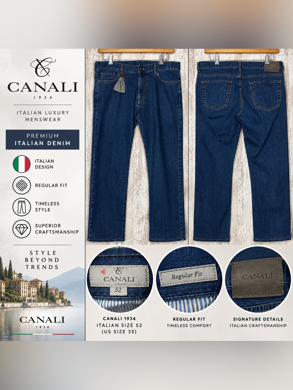 Canali Regular Fit Jeans Men’s IT 52 US 35 Blue Denim Luxury Italian Designer